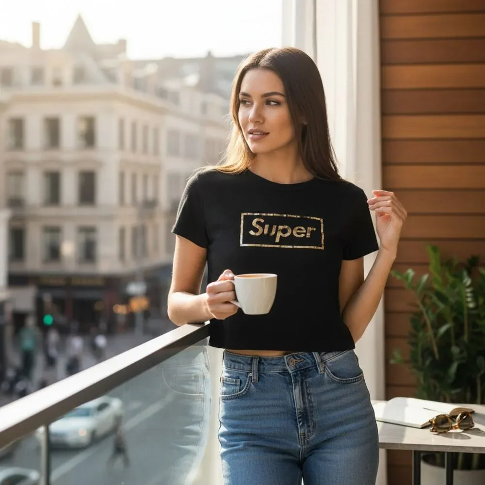 Black Graphic Crop Tee • “Super” Logo • Streetwear Vibes • Size L - Picture 1 of 11